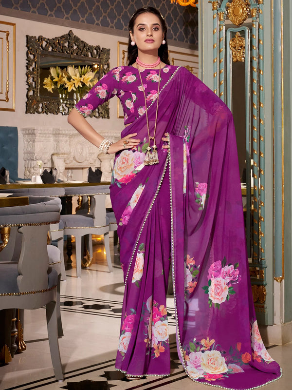 Lovely Purple Floral Printed Georgette Traditional Saree With Blouse - Zeel Clothing
