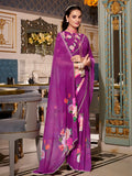 Lovely Purple Floral Printed Georgette Traditional Saree With Blouse - Zeel Clothing
