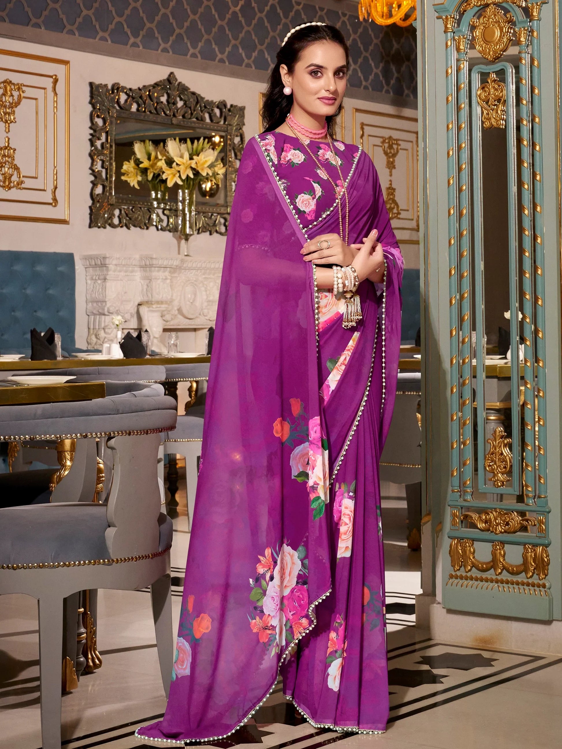 Lovely Purple Floral Printed Georgette Traditional Saree With Blouse - Zeel Clothing