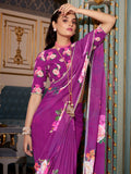 Lovely Purple Floral Printed Georgette Traditional Saree With Blouse - Zeel Clothing