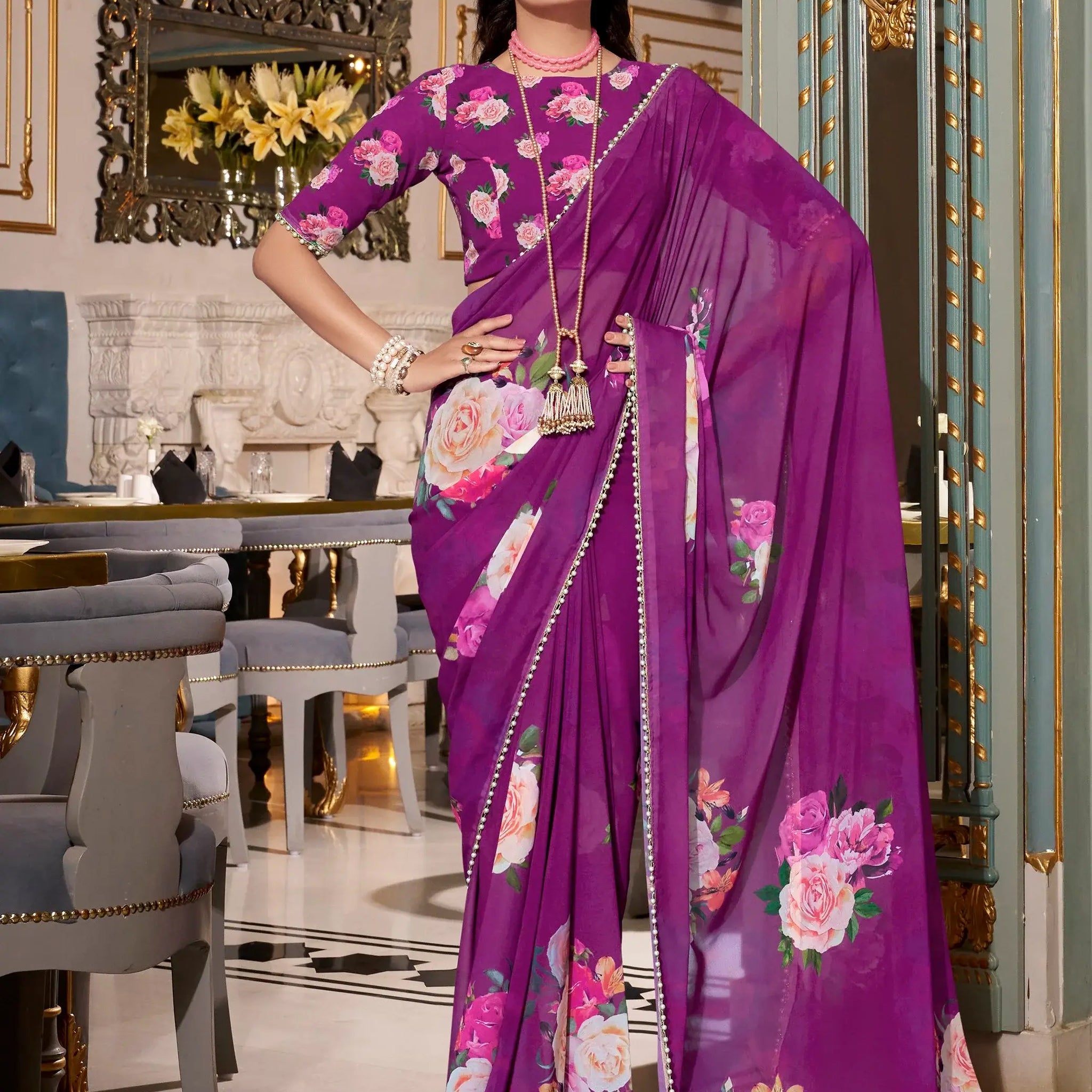 Lovely Purple Floral Printed Georgette Traditional Saree With Blouse - Zeel Clothing
