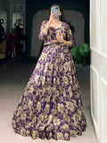 Lovely Purple Floral Printed Tussar Silk Event Wear Crop Top Lehenga With Koti