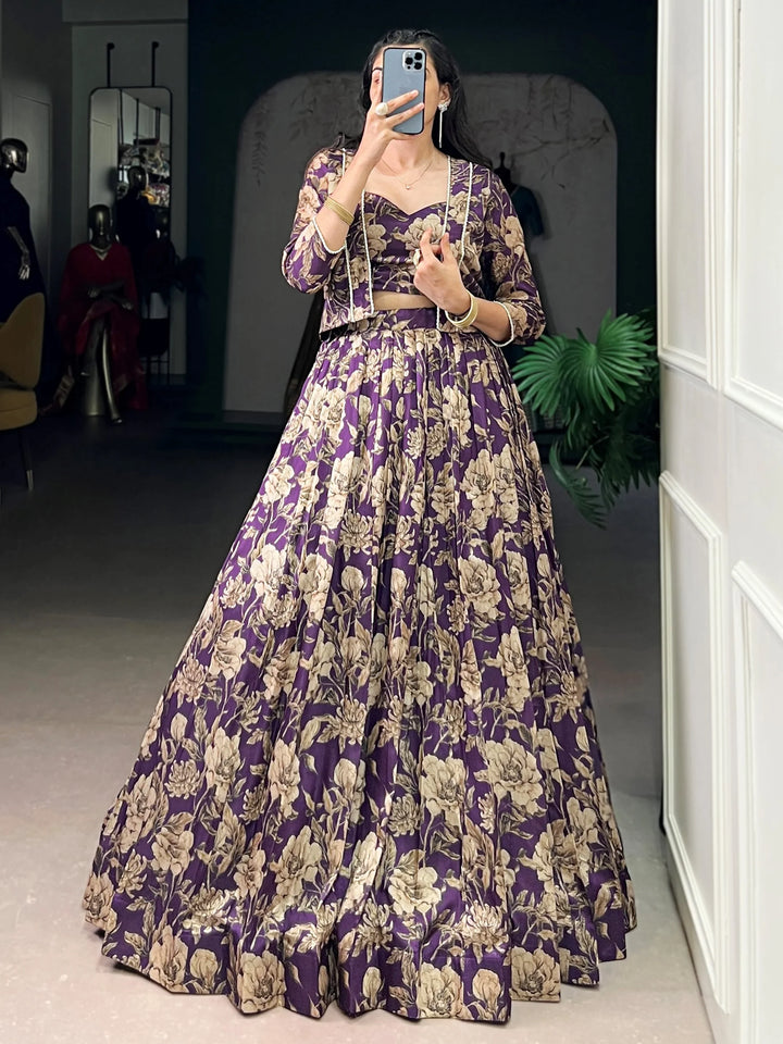 Lovely Purple Floral Printed Tussar Silk Event Wear Crop Top Lehenga With Koti