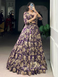 Lovely Purple Floral Printed Tussar Silk Event Wear Crop Top Lehenga With Koti