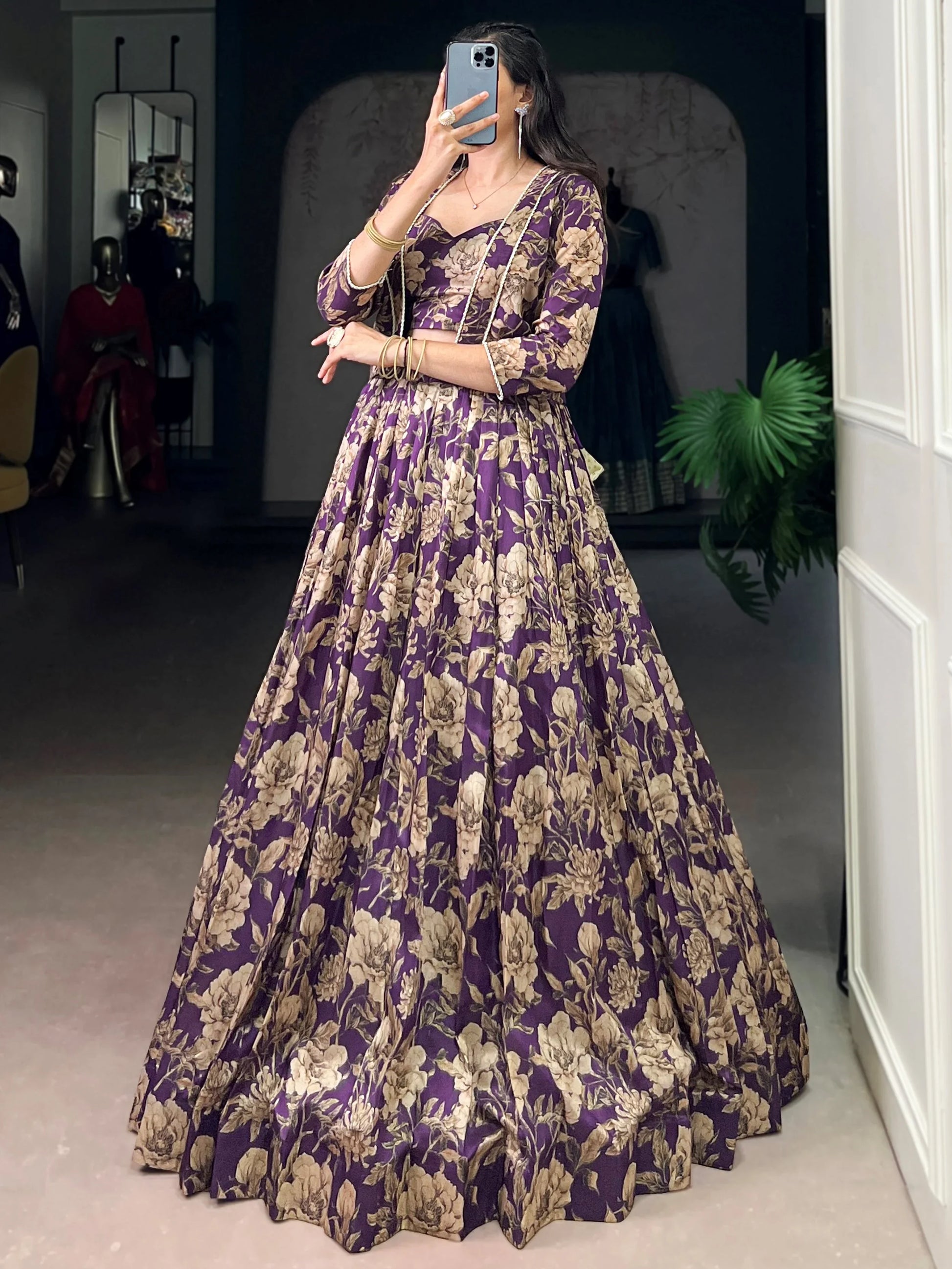 Lovely Purple Floral Printed Tussar Silk Event Wear Crop Top Lehenga With Koti
