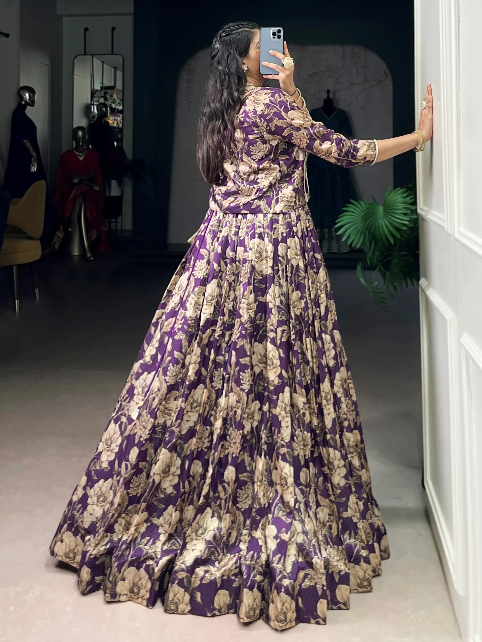 Lovely Purple Floral Printed Tussar Silk Event Wear Crop Top Lehenga With Koti