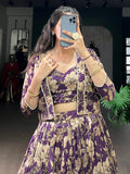 Lovely Purple Floral Printed Tussar Silk Event Wear Crop Top Lehenga With Koti
