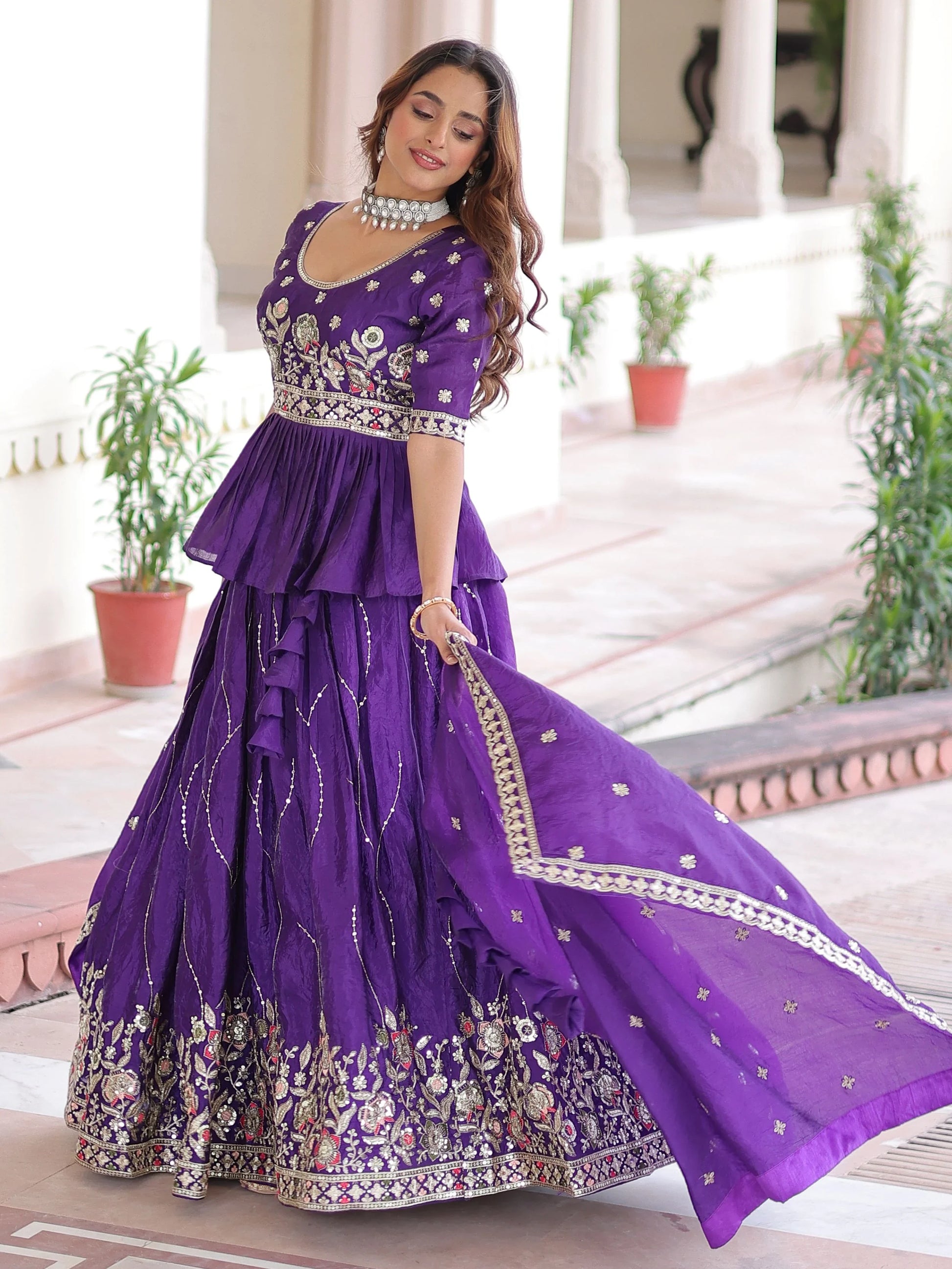 Lovely Purple Multi Thread Work Organza Bridesmaid Lehenga With Peplum Blouse