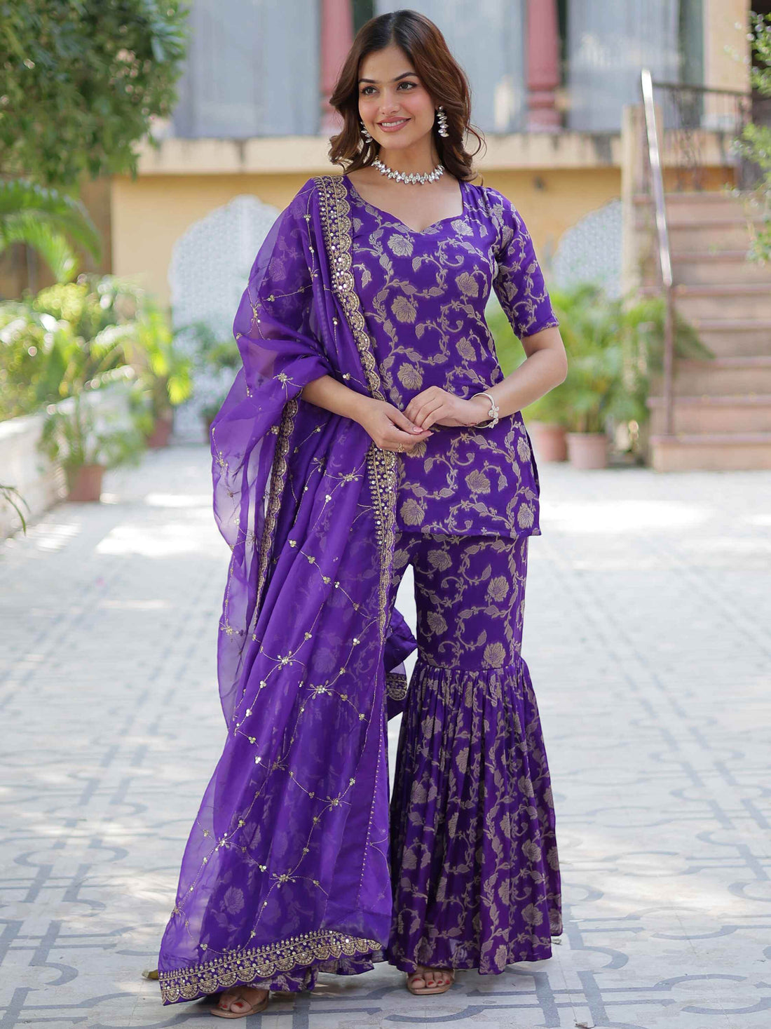 Lovely Purple Weaving Jacquard Function Wear Sharara Suit - Zeel Clothing