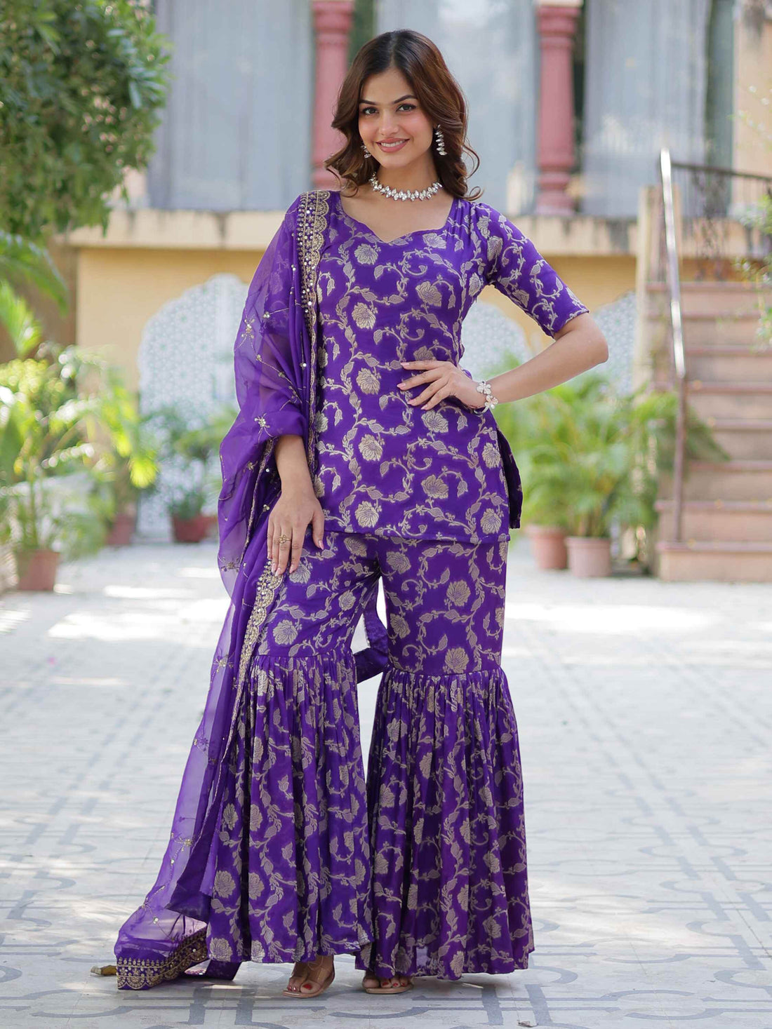 Lovely Purple Weaving Jacquard Function Wear Sharara Suit - Zeel Clothing