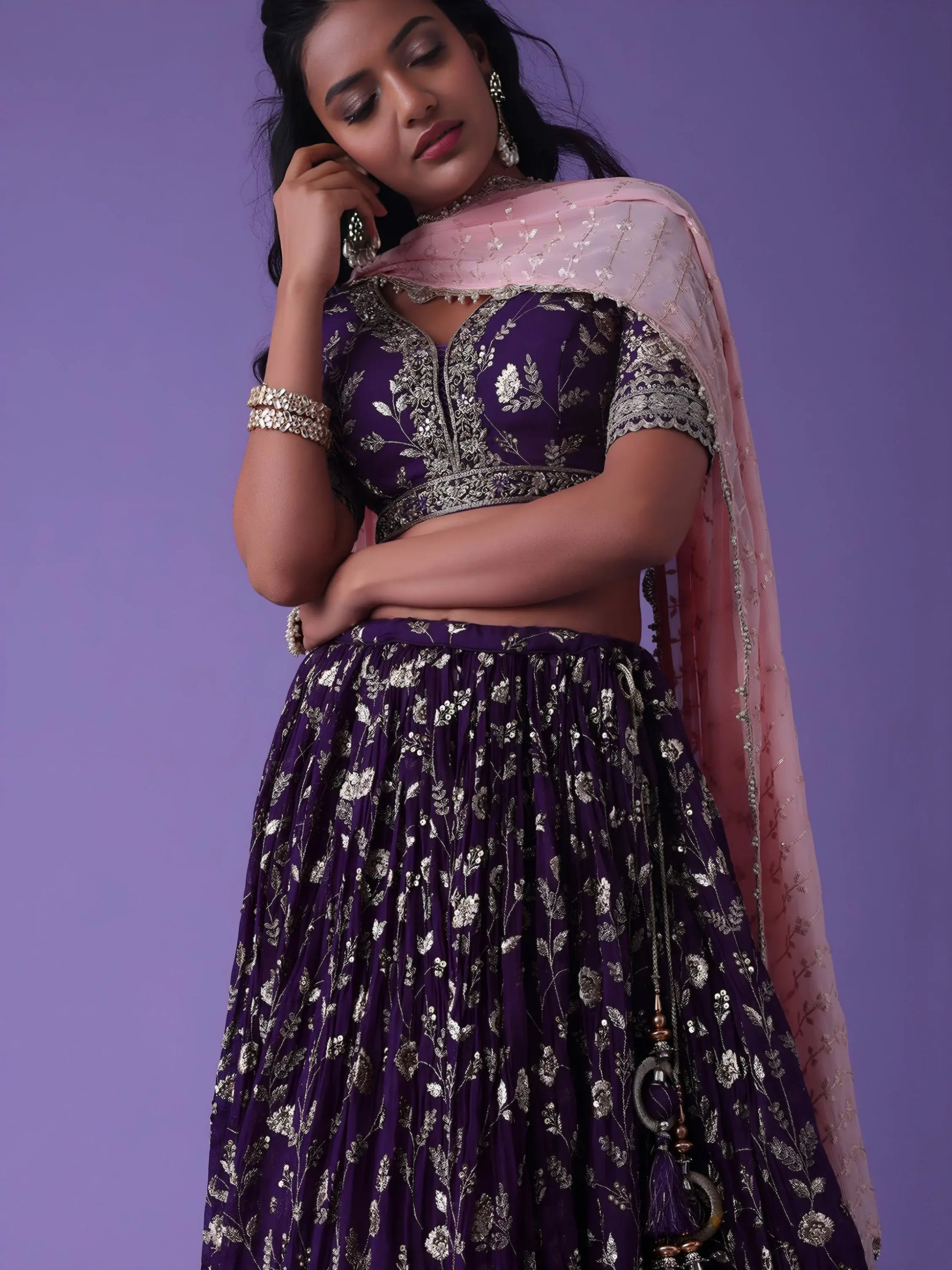 Lovely Purple Zari Embroidered Georgette Wedding Wear Lehenga Choli - Zeel Clothing
