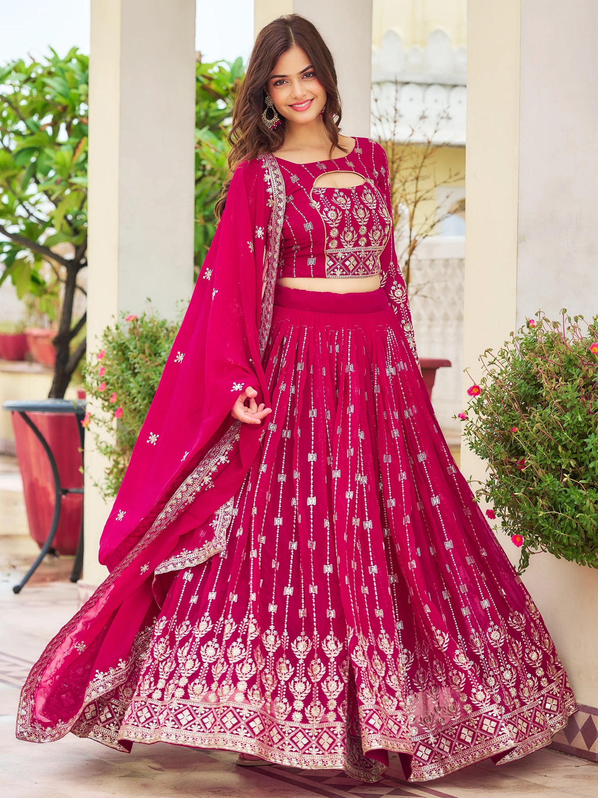 Lovely Rani Pink Embroidered Georgette Engagement Wear Lehenga Choli - Zeel Clothing