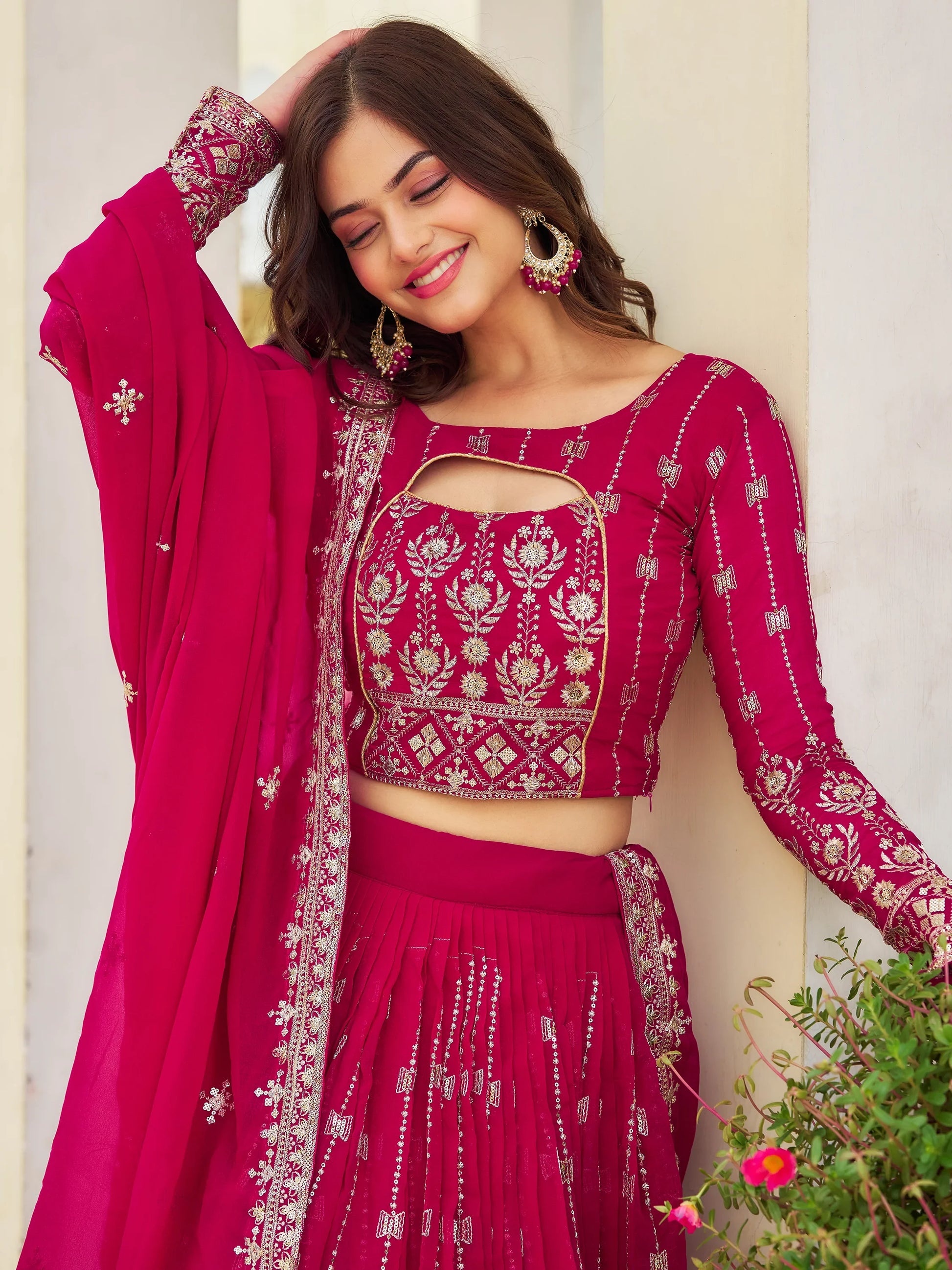 Lovely Rani Pink Embroidered Georgette Engagement Wear Lehenga Choli - Zeel Clothing