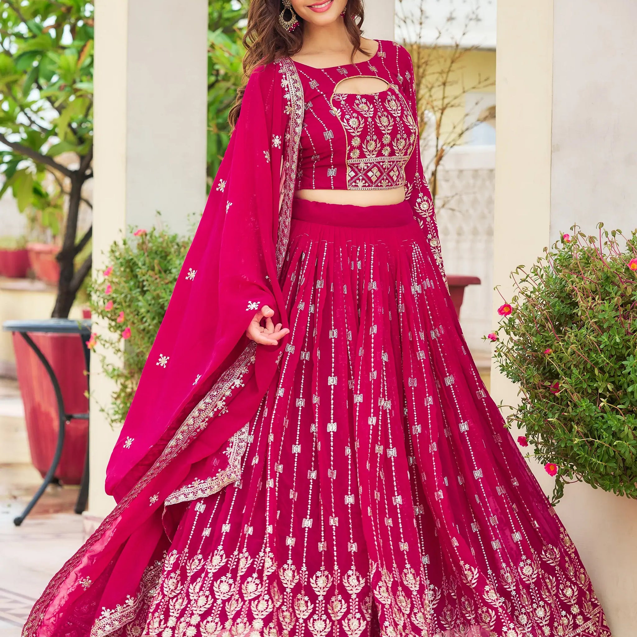 Lovely Rani Pink Embroidered Georgette Engagement Wear Lehenga Choli - Zeel Clothing
