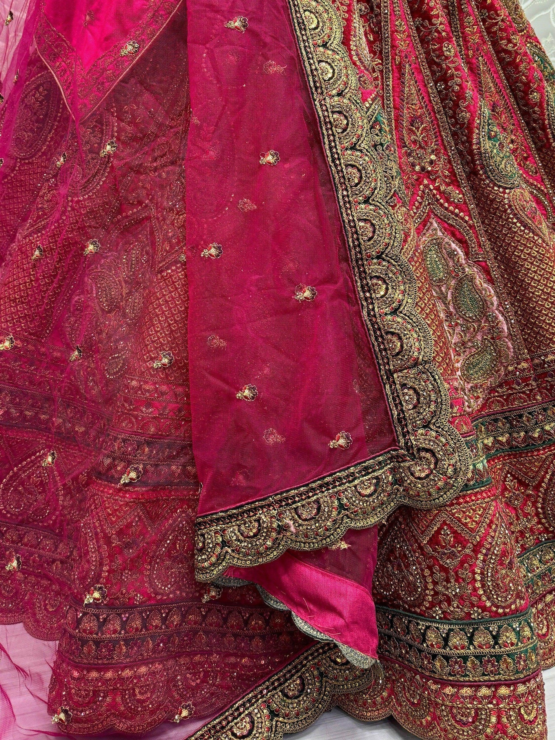 Lovely Rani Pink Embroidered Velvet Lehenga Choli With Double Dupatta - Zeel Clothing