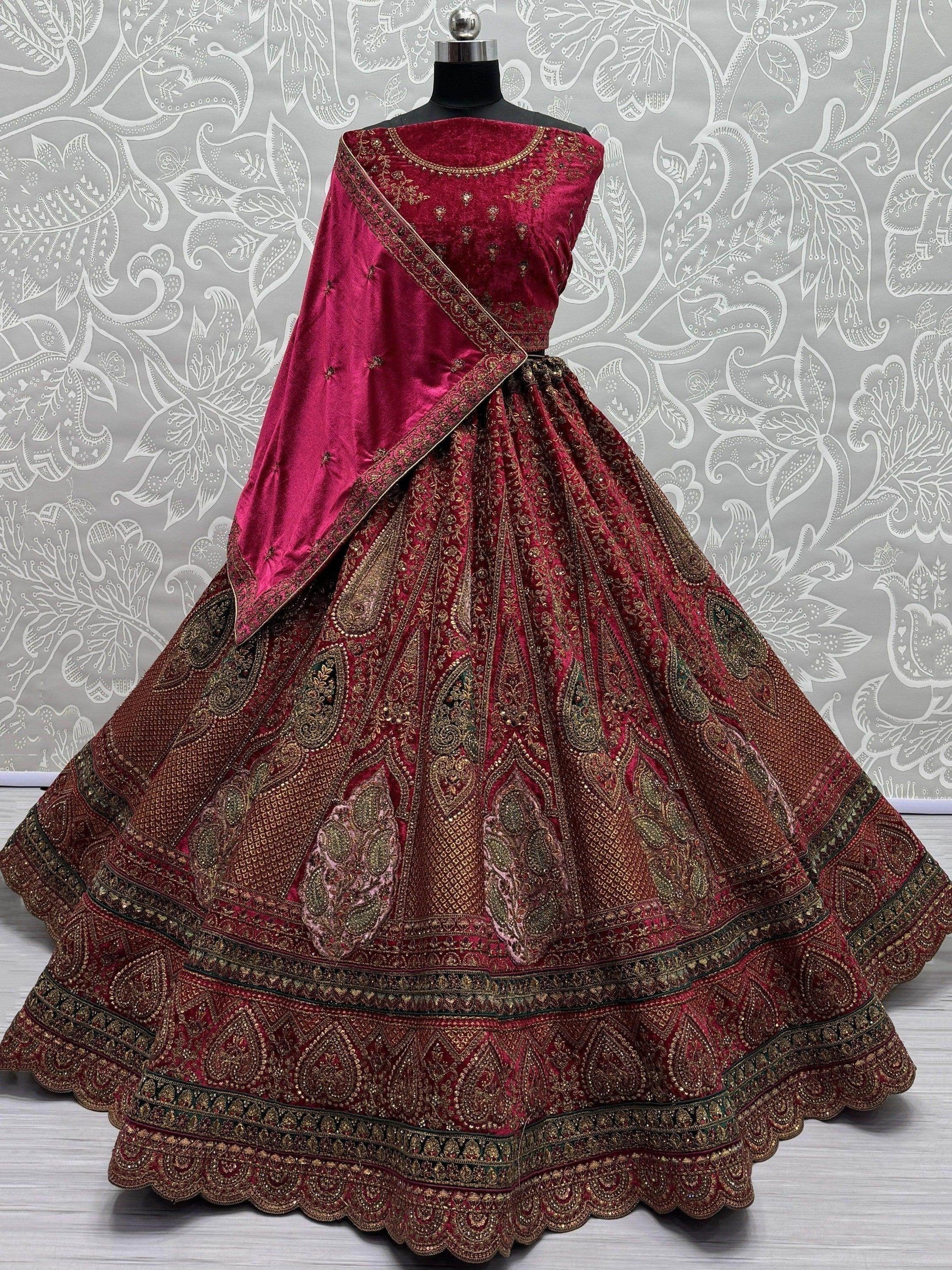 Lovely Rani Pink Embroidered Velvet Lehenga Choli With Double Dupatta - Zeel Clothing