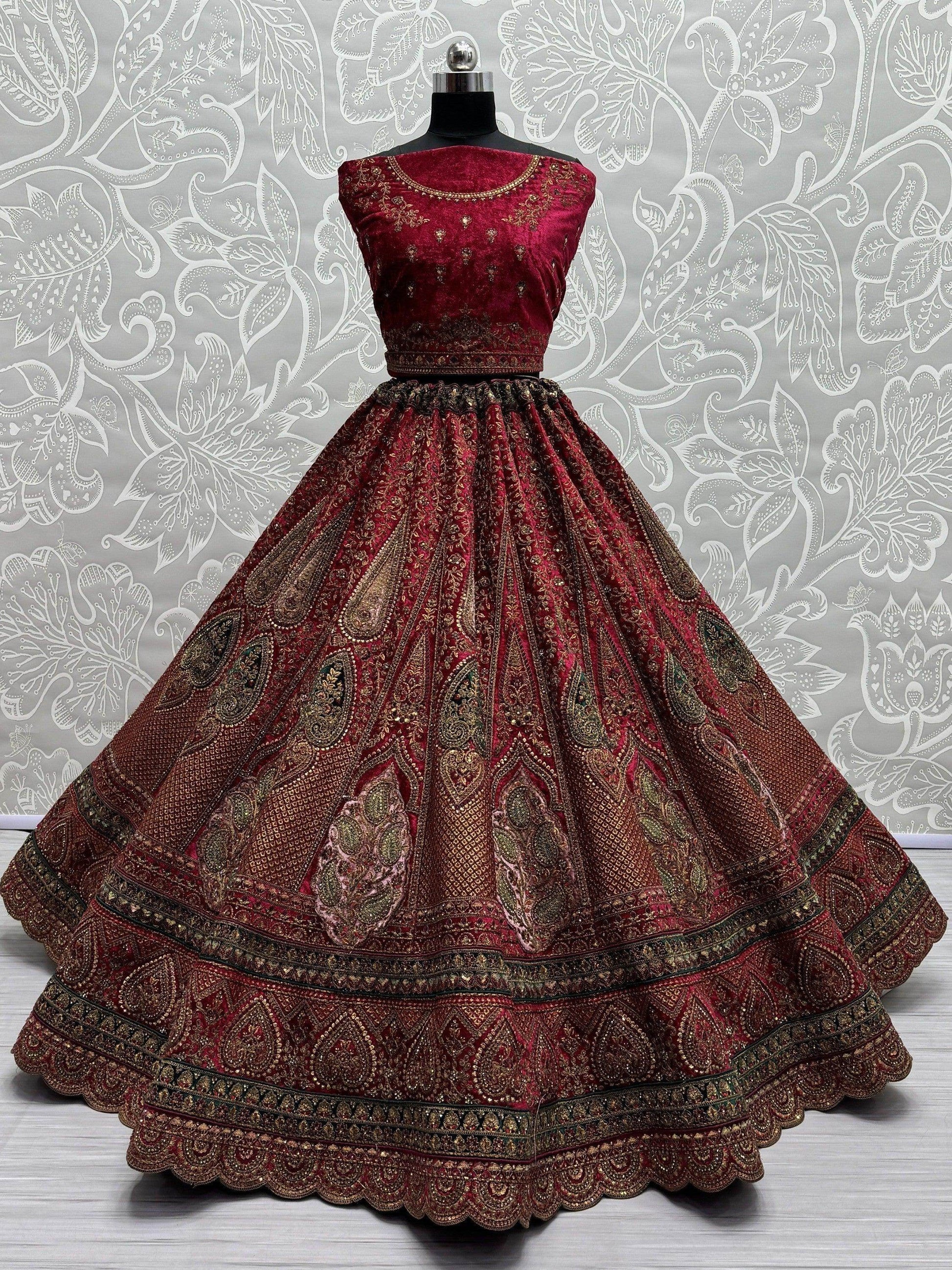 Lovely Rani Pink Embroidered Velvet Lehenga Choli With Double Dupatta - Zeel Clothing