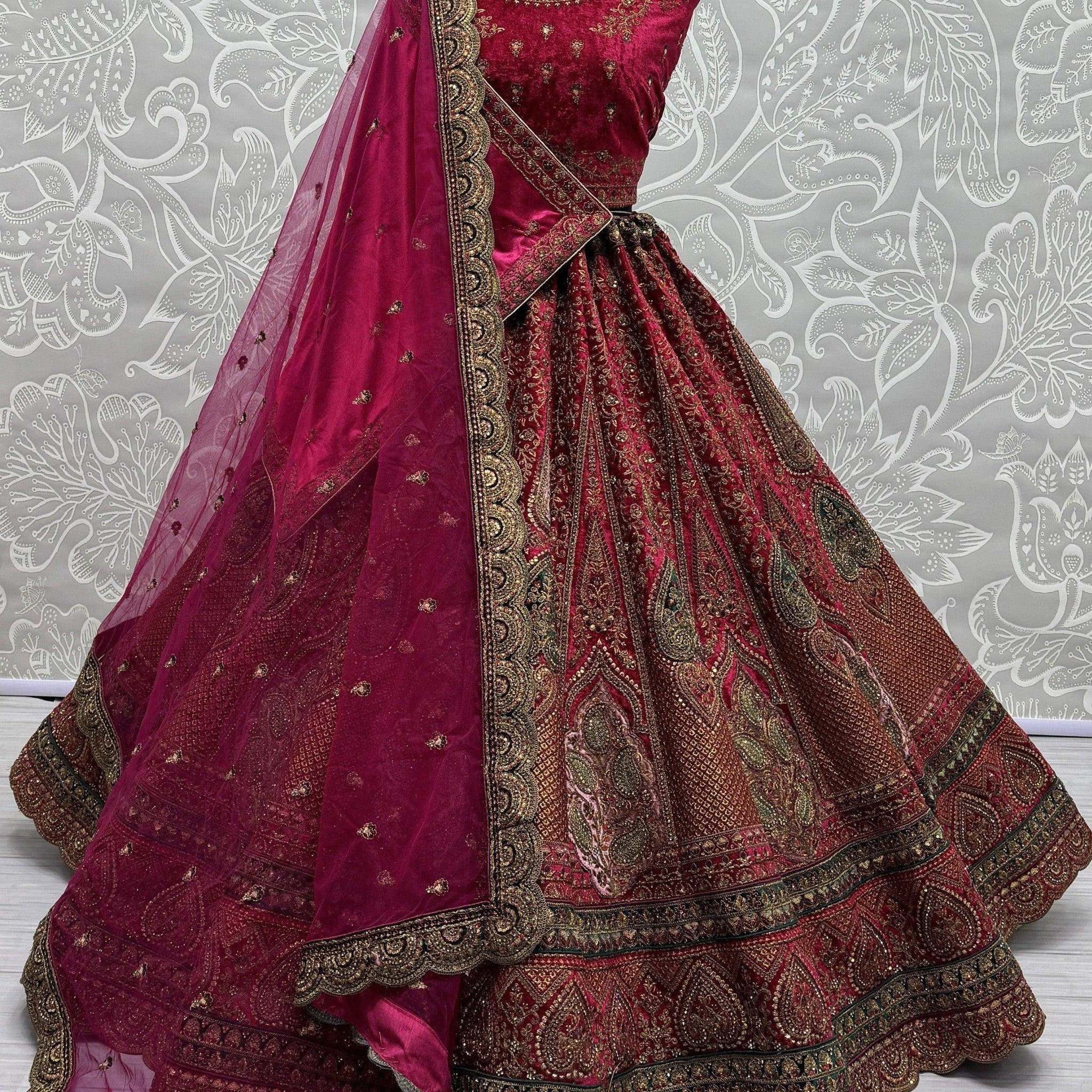 Lovely Rani Pink Embroidered Velvet Lehenga Choli With Double Dupatta - Zeel Clothing