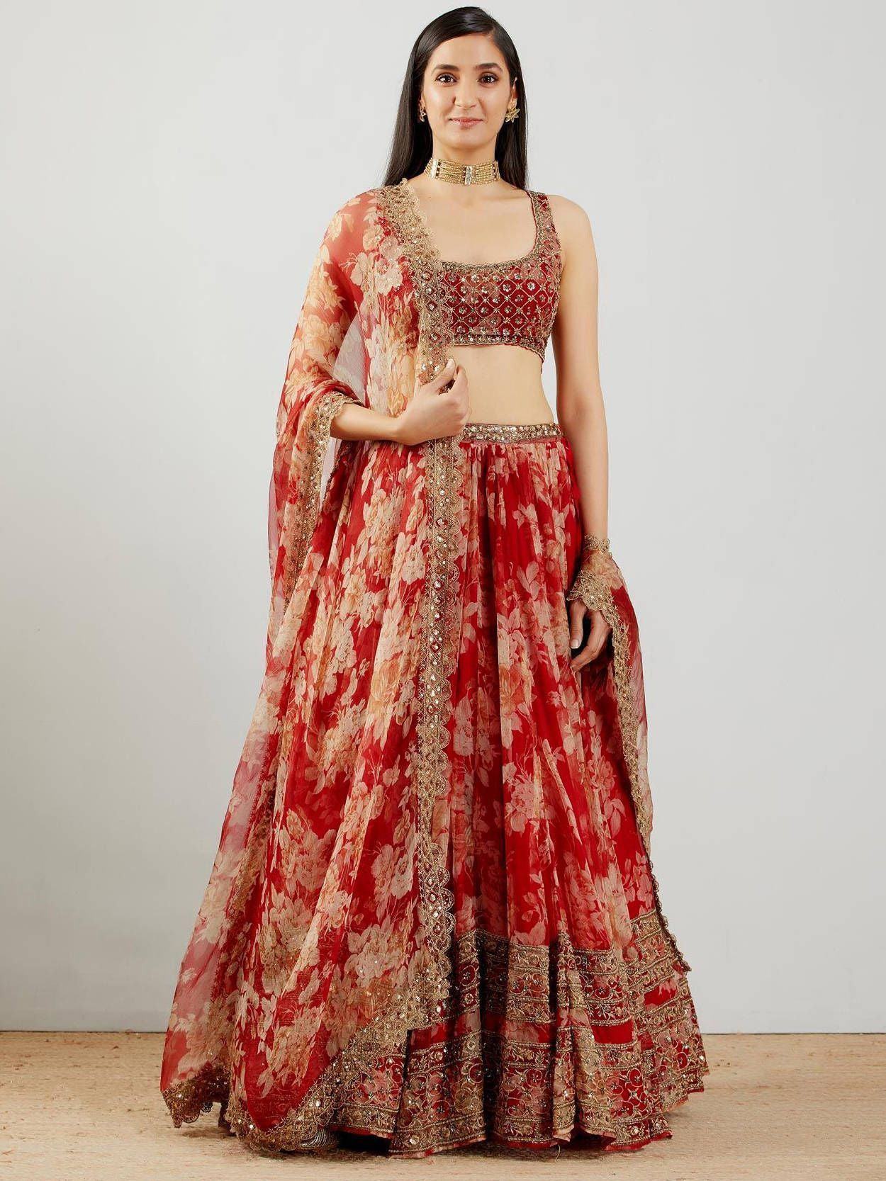 Lovely Red Floral Printed Organza Wedding Lehenga Choli With Dupatta - Zeel Clothing