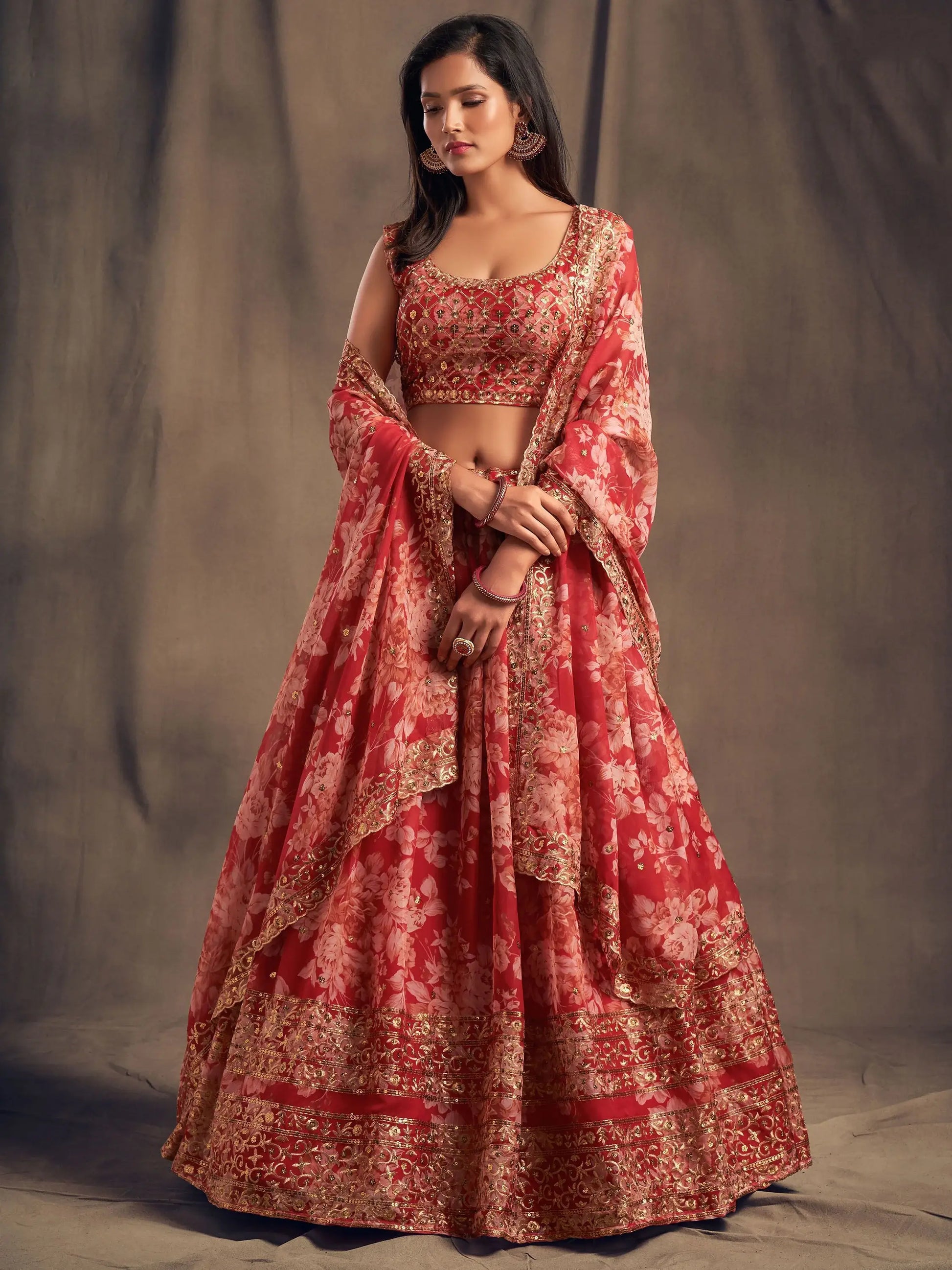 Lovely Red Floral Printed Organza Wedding Lehenga Choli With Dupatta - Zeel Clothing