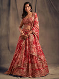 Lovely Red Floral Printed Organza Wedding Lehenga Choli With Dupatta - Zeel Clothing