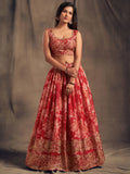 Lovely Red Floral Printed Organza Wedding Lehenga Choli With Dupatta - Zeel Clothing