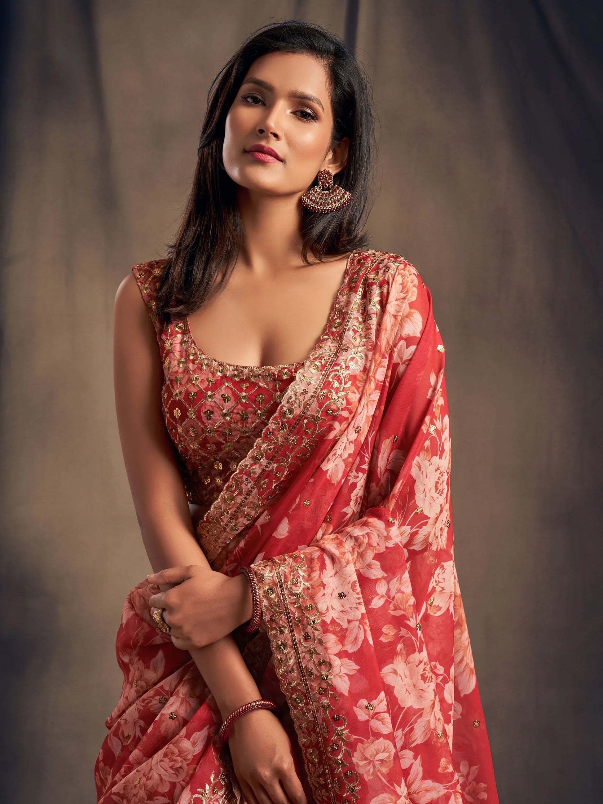 Lovely Red Floral Printed Organza Wedding Lehenga Choli With Dupatta - Zeel Clothing