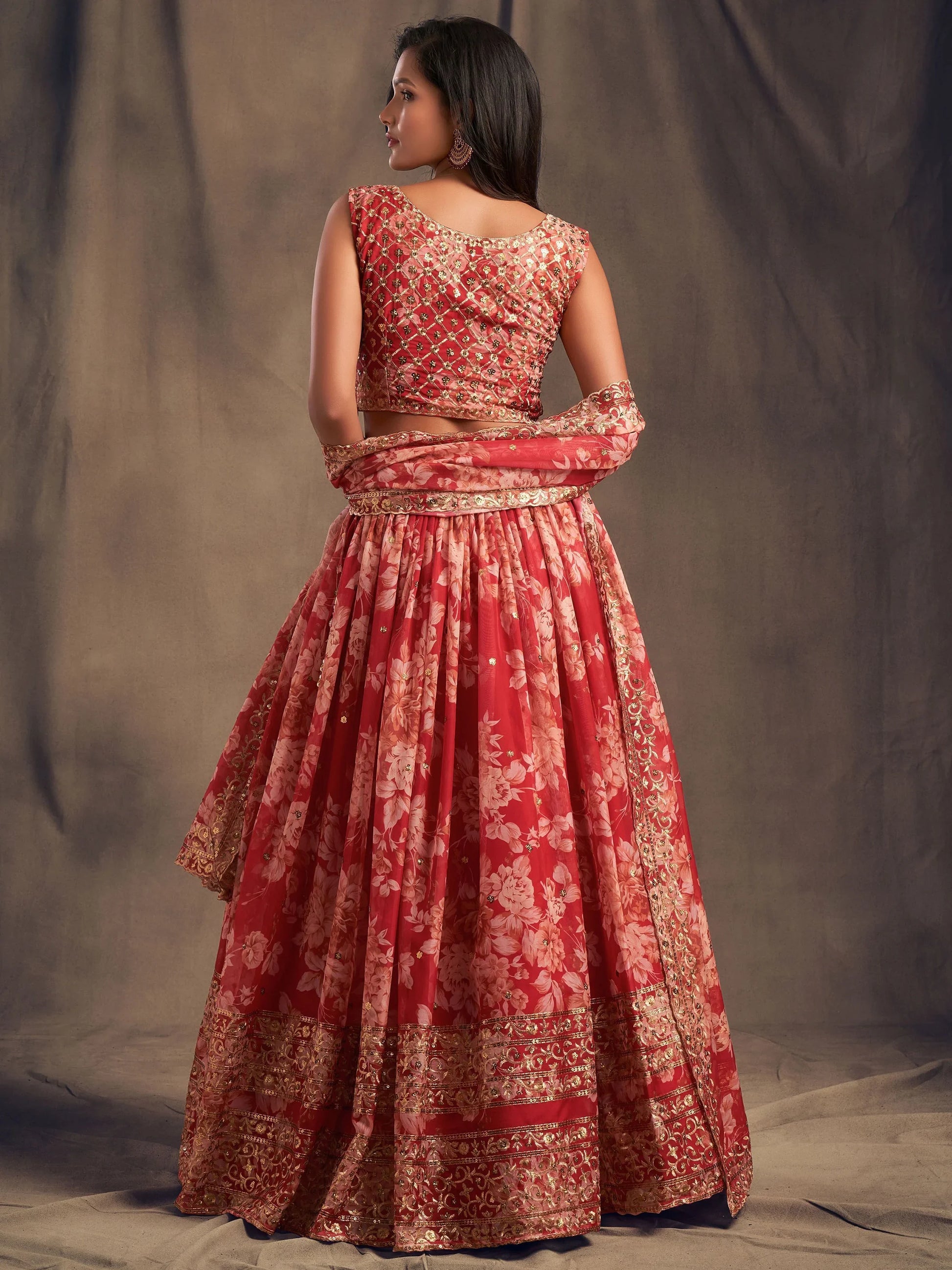 Lovely Red Floral Printed Organza Wedding Lehenga Choli With Dupatta - Zeel Clothing