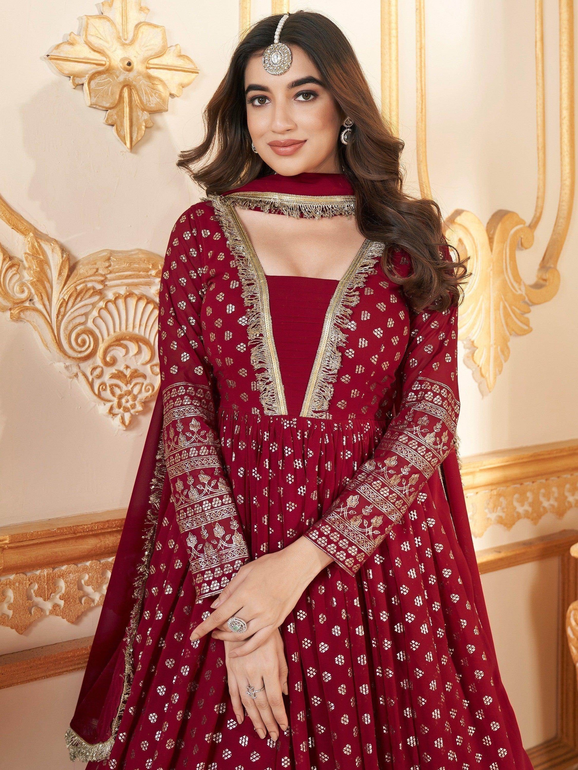 Lovely Red Foil Work Georgette Wedding Wear Gown With Dupatta - Zeel Clothing