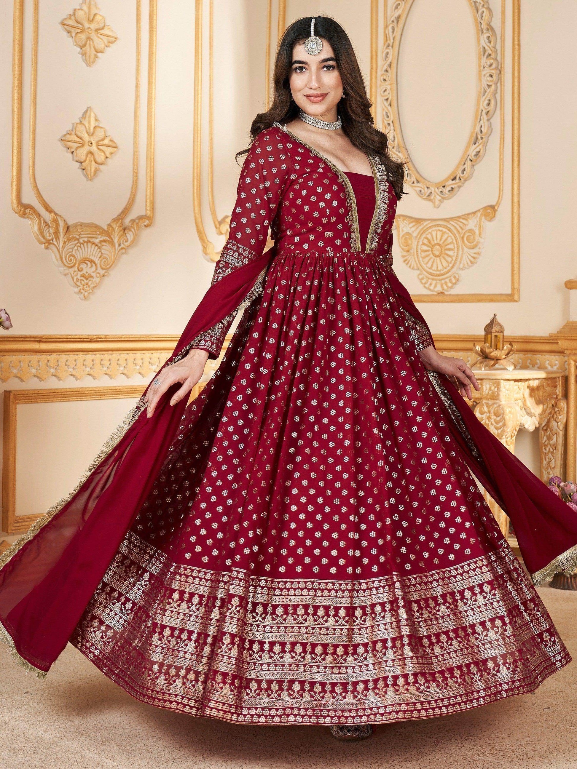 Lovely Red Foil Work Georgette Wedding Wear Gown With Dupatta - Zeel Clothing