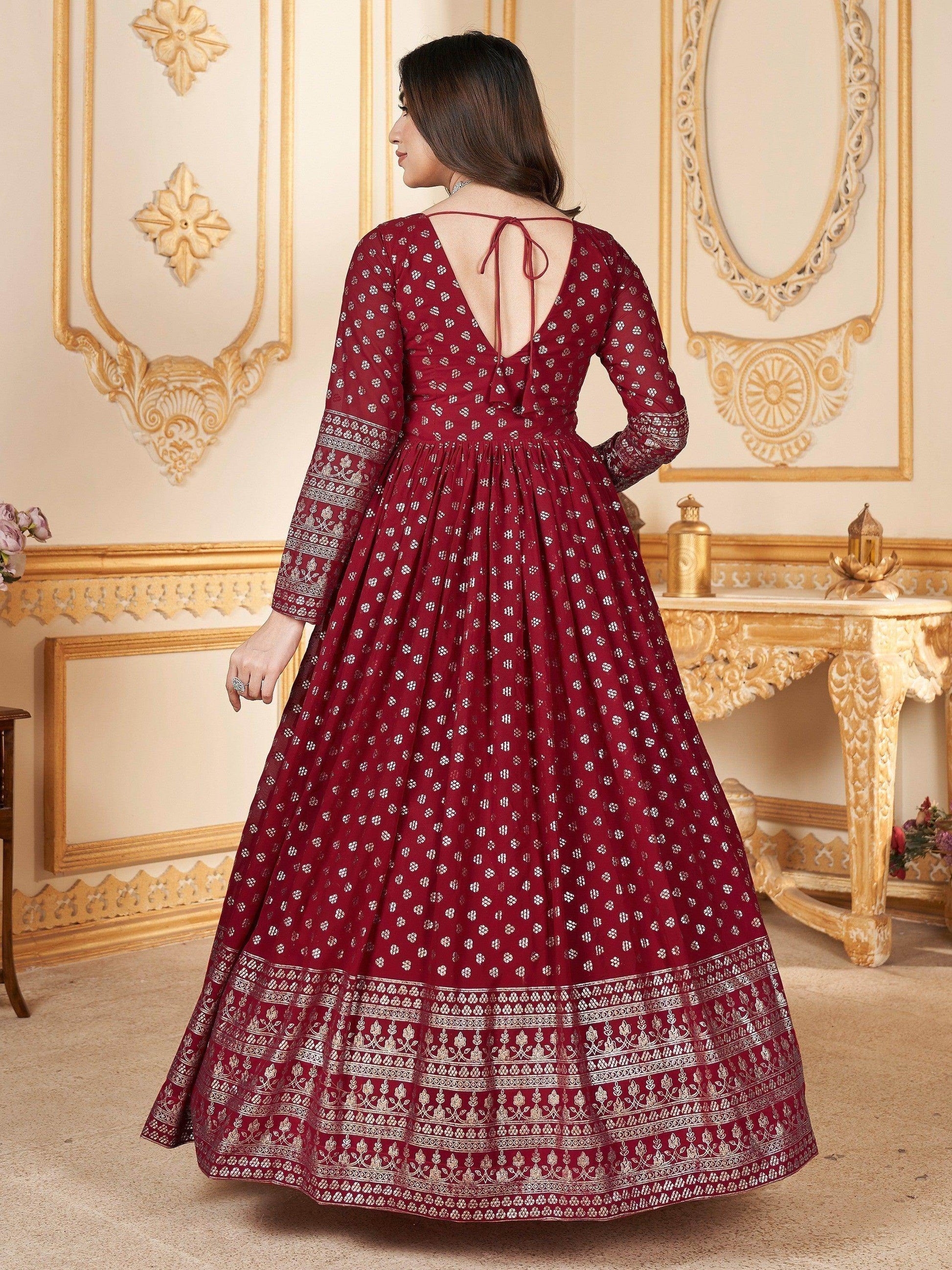 Lovely Red Foil Work Georgette Wedding Wear Gown With Dupatta - Zeel Clothing