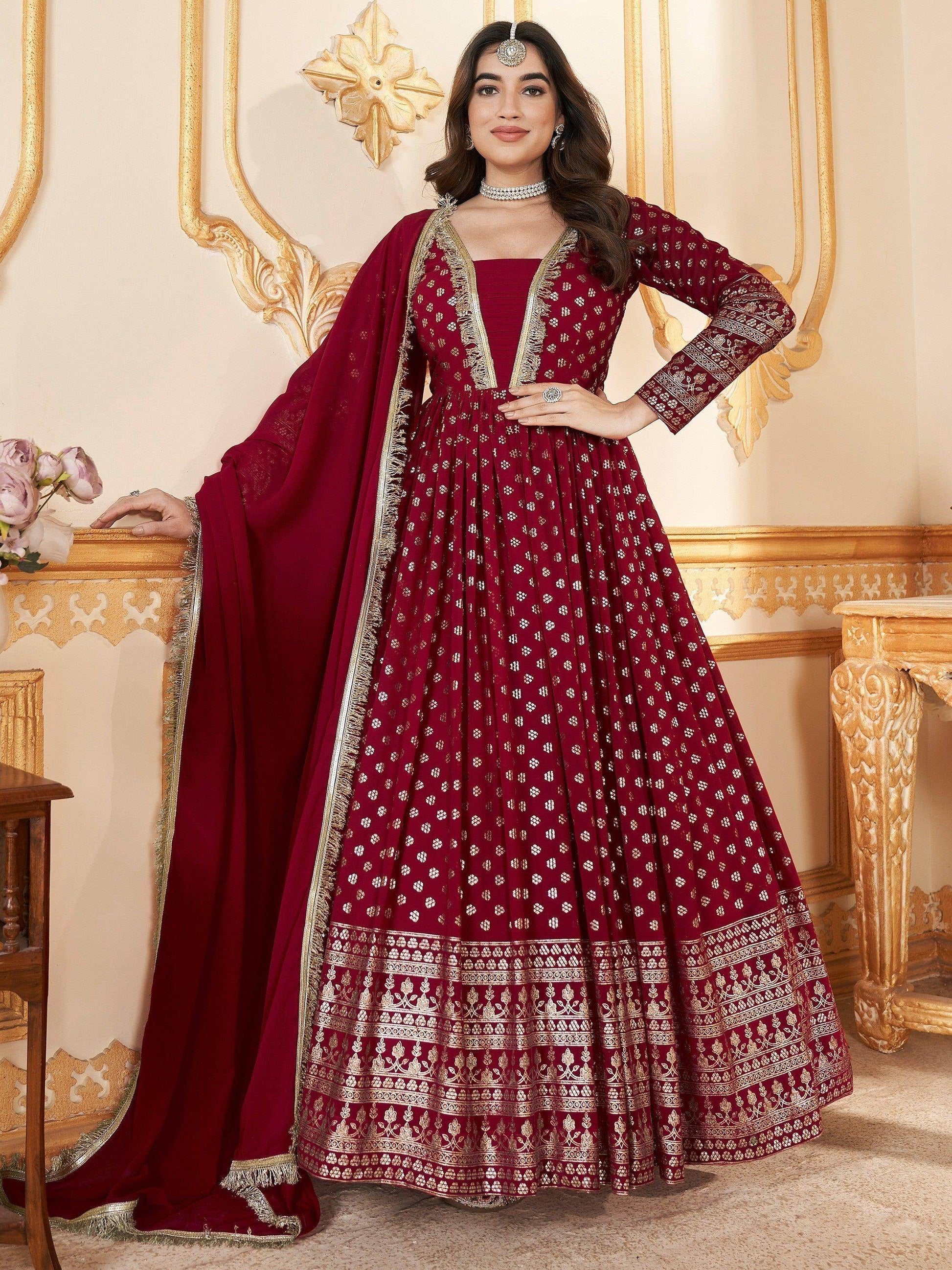 Lovely Red Foil Work Georgette Wedding Wear Gown With Dupatta - Zeel Clothing