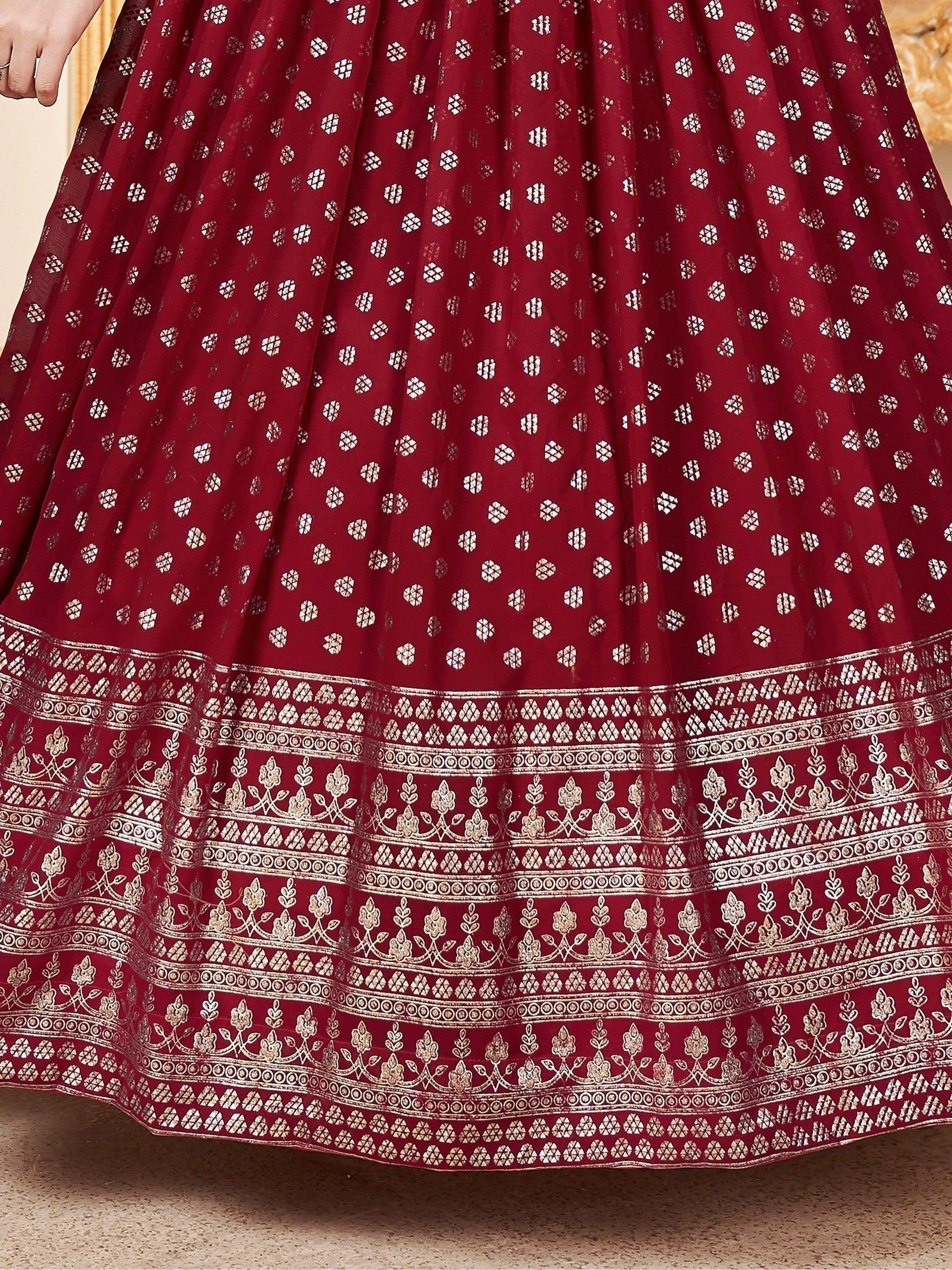 Lovely Red Foil Work Georgette Wedding Wear Gown With Dupatta - Zeel Clothing