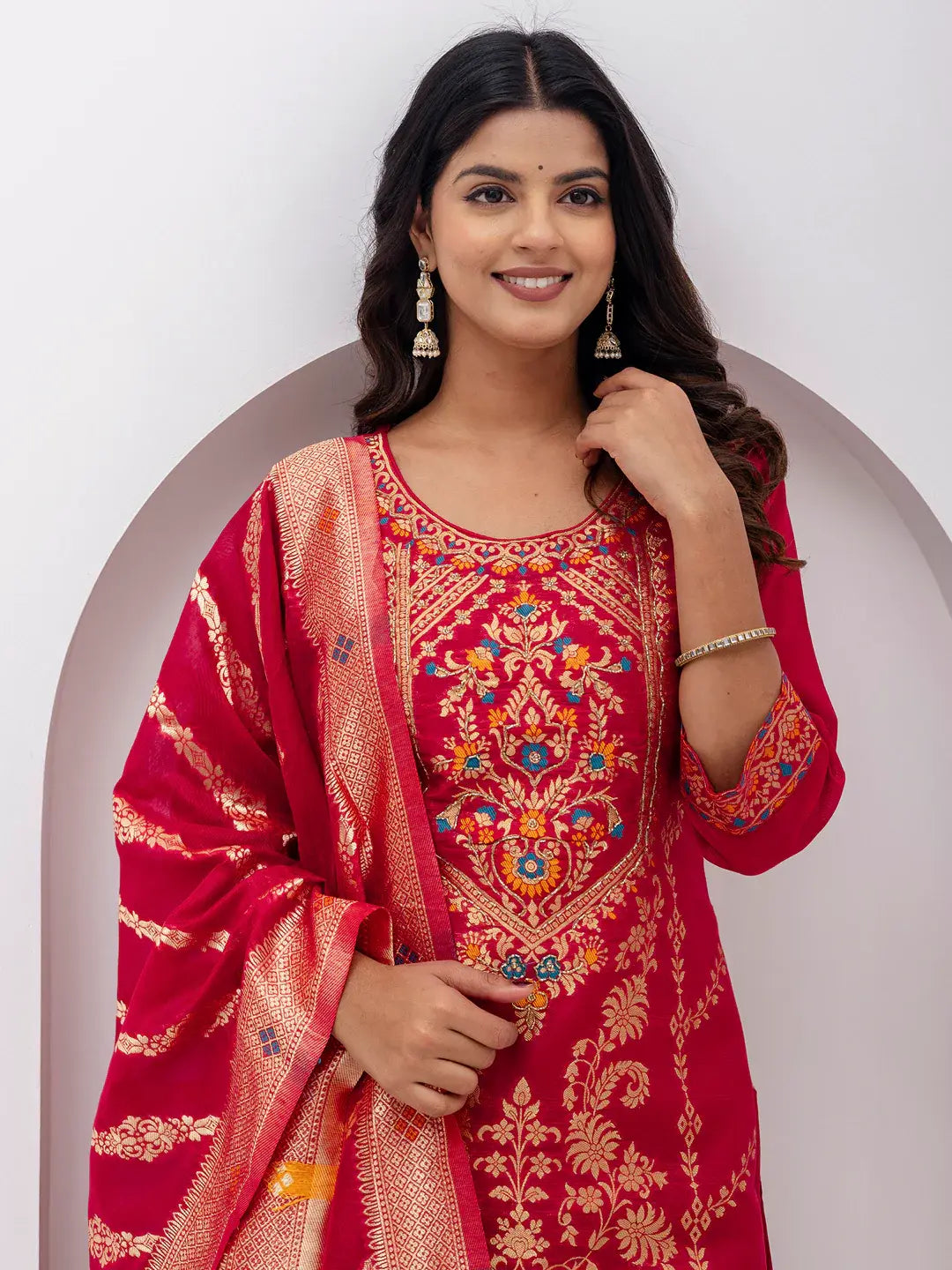 Lovely Red Hand Work Jacquard Silk Wedding Wear Pant Suit With Dupatta - Zeel Clothing