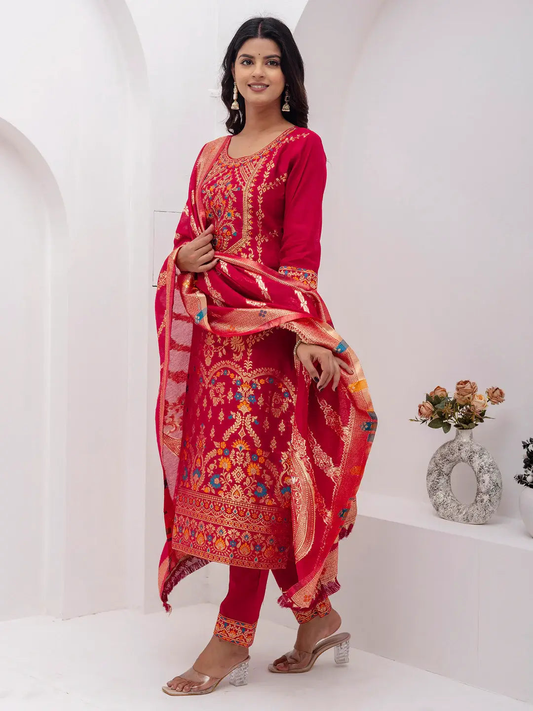 Lovely Red Hand Work Jacquard Silk Wedding Wear Pant Suit With Dupatta - Zeel Clothing