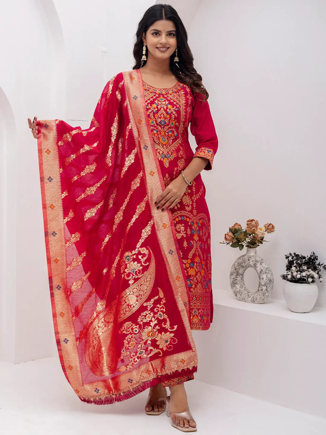 Lovely Red Hand Work Jacquard Silk Wedding Wear Pant Suit With Dupatta - Zeel Clothing