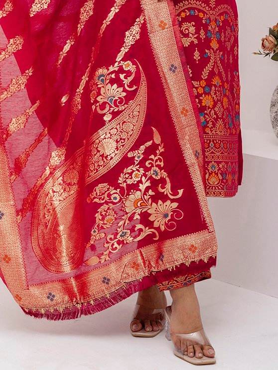 Lovely Red Hand Work Jacquard Silk Wedding Wear Pant Suit With Dupatta - Zeel Clothing