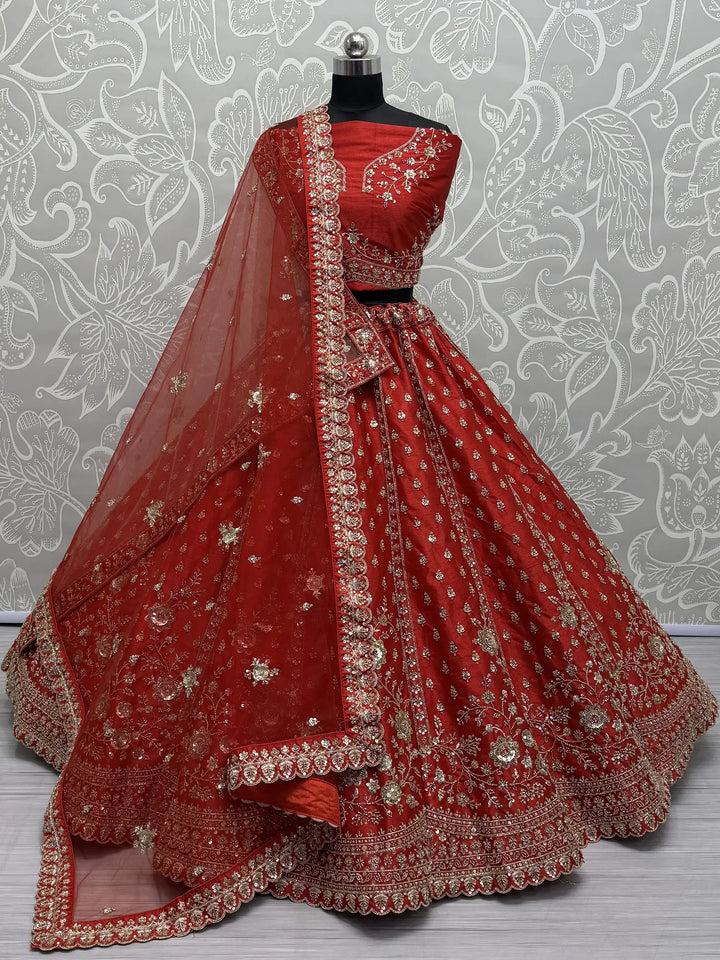 Lovely Red Hand Work Silk Bridal Wear Lehenga Choli With Double Dupatta - Zeel Clothing