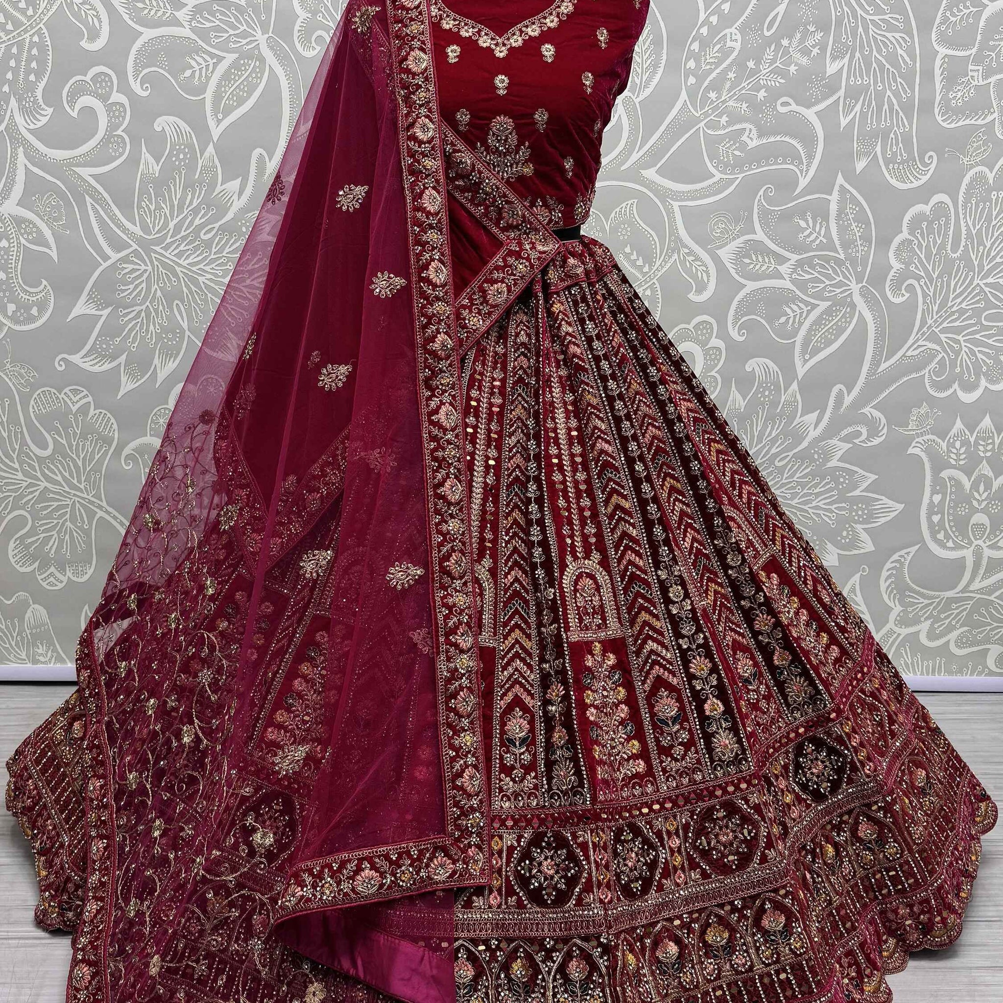 Lovely Red Jarkan Work Velvet Bridal Lehenga Choli With Double Dupatta - Zeel Clothing
