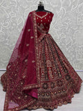 Lovely Red Jarkan Work Velvet Bridal Lehenga Choli With Double Dupatta - Zeel Clothing
