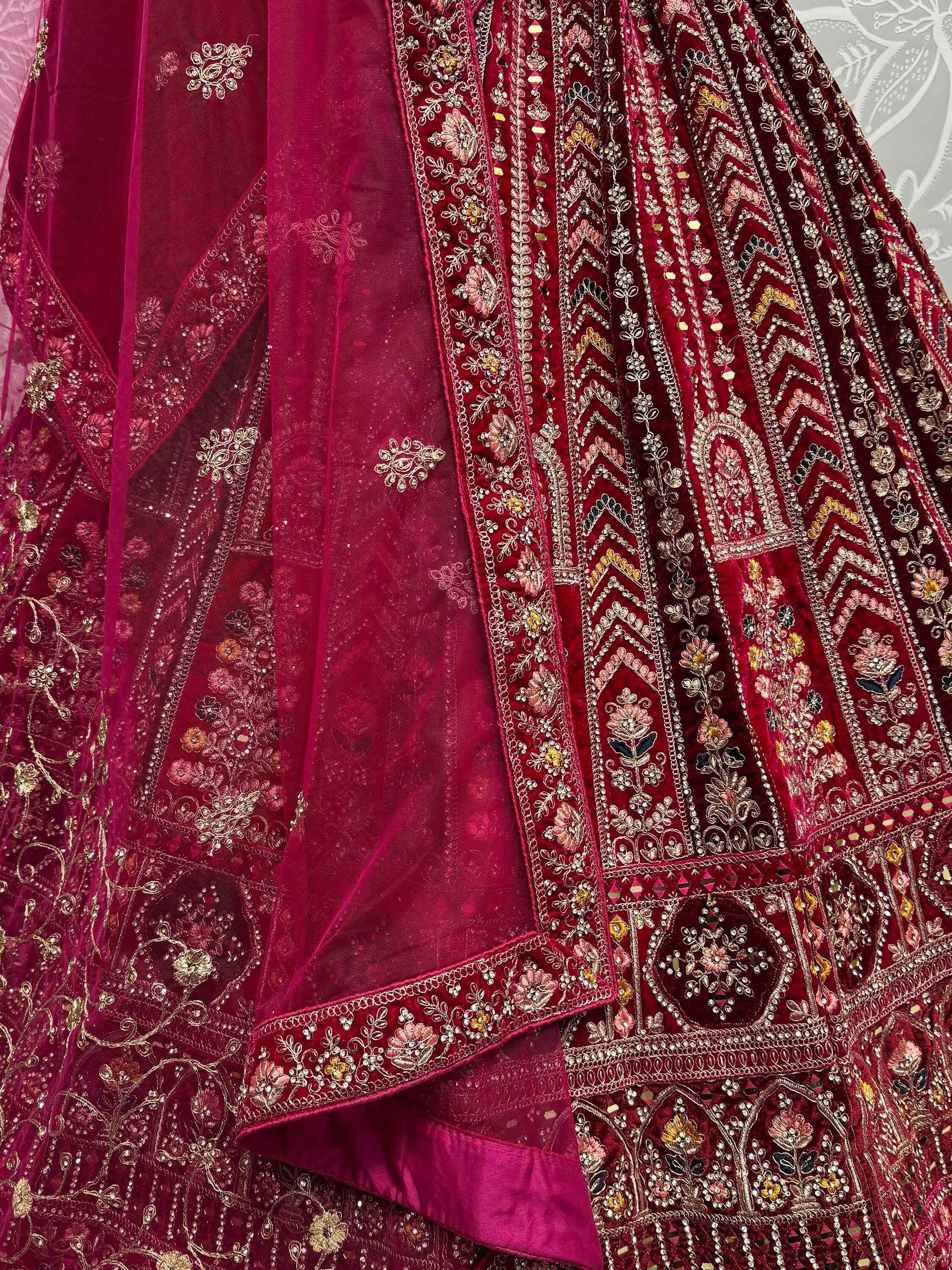 Lovely Red Jarkan Work Velvet Bridal Lehenga Choli With Double Dupatta - Zeel Clothing