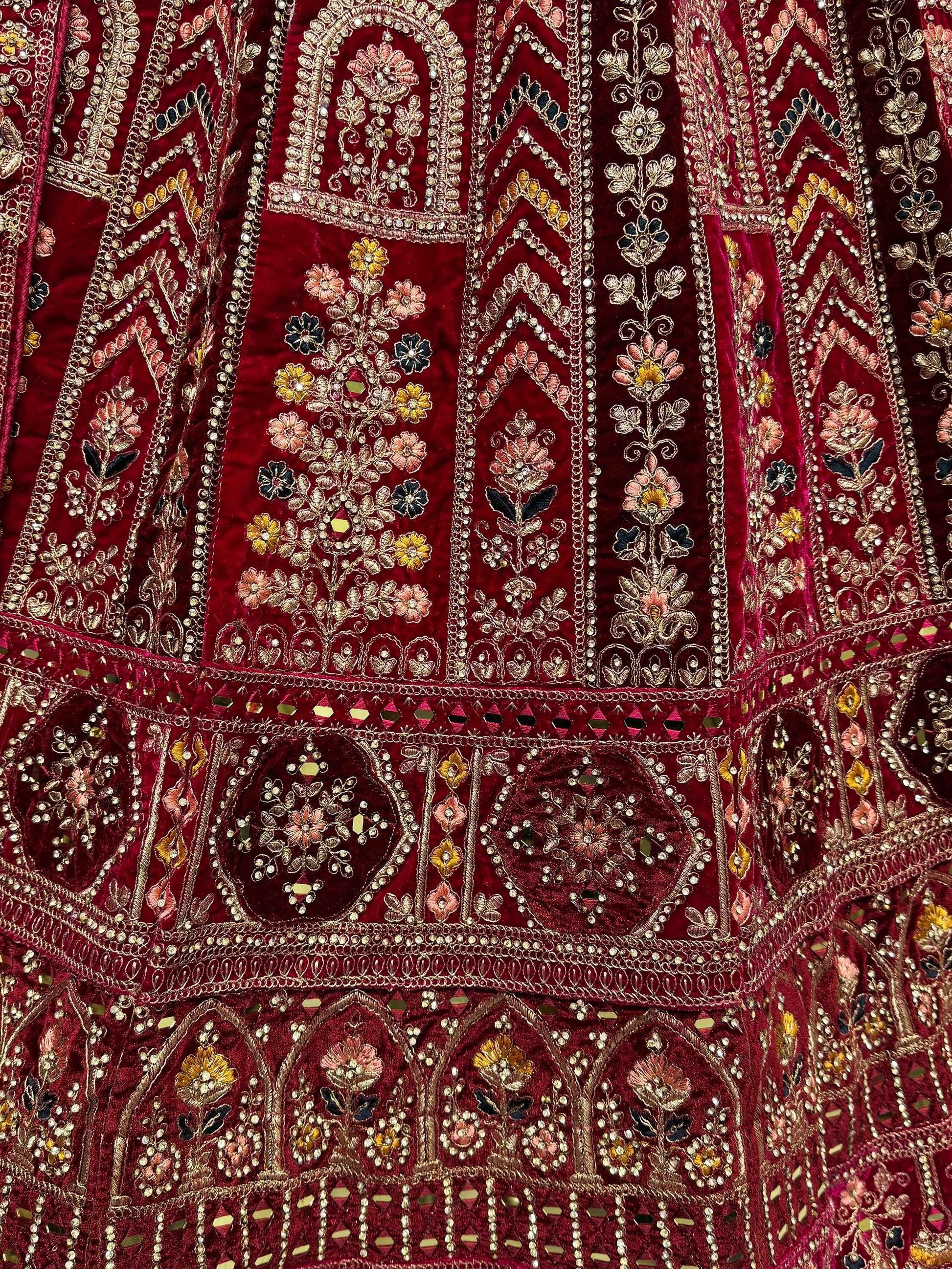 Lovely Red Jarkan Work Velvet Bridal Lehenga Choli With Double Dupatta - Zeel Clothing