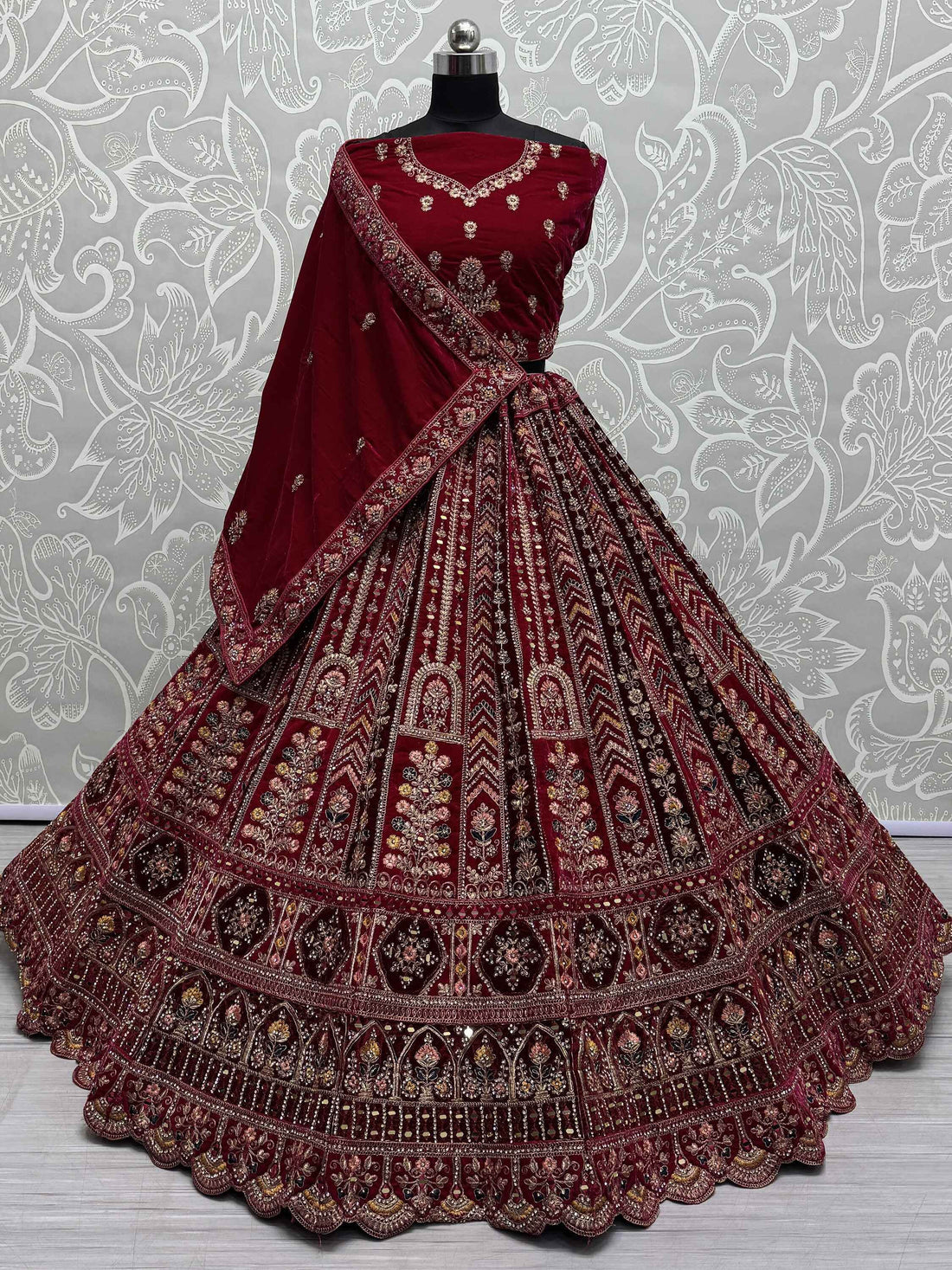 Lovely Red Jarkan Work Velvet Bridal Lehenga Choli With Double Dupatta - Zeel Clothing