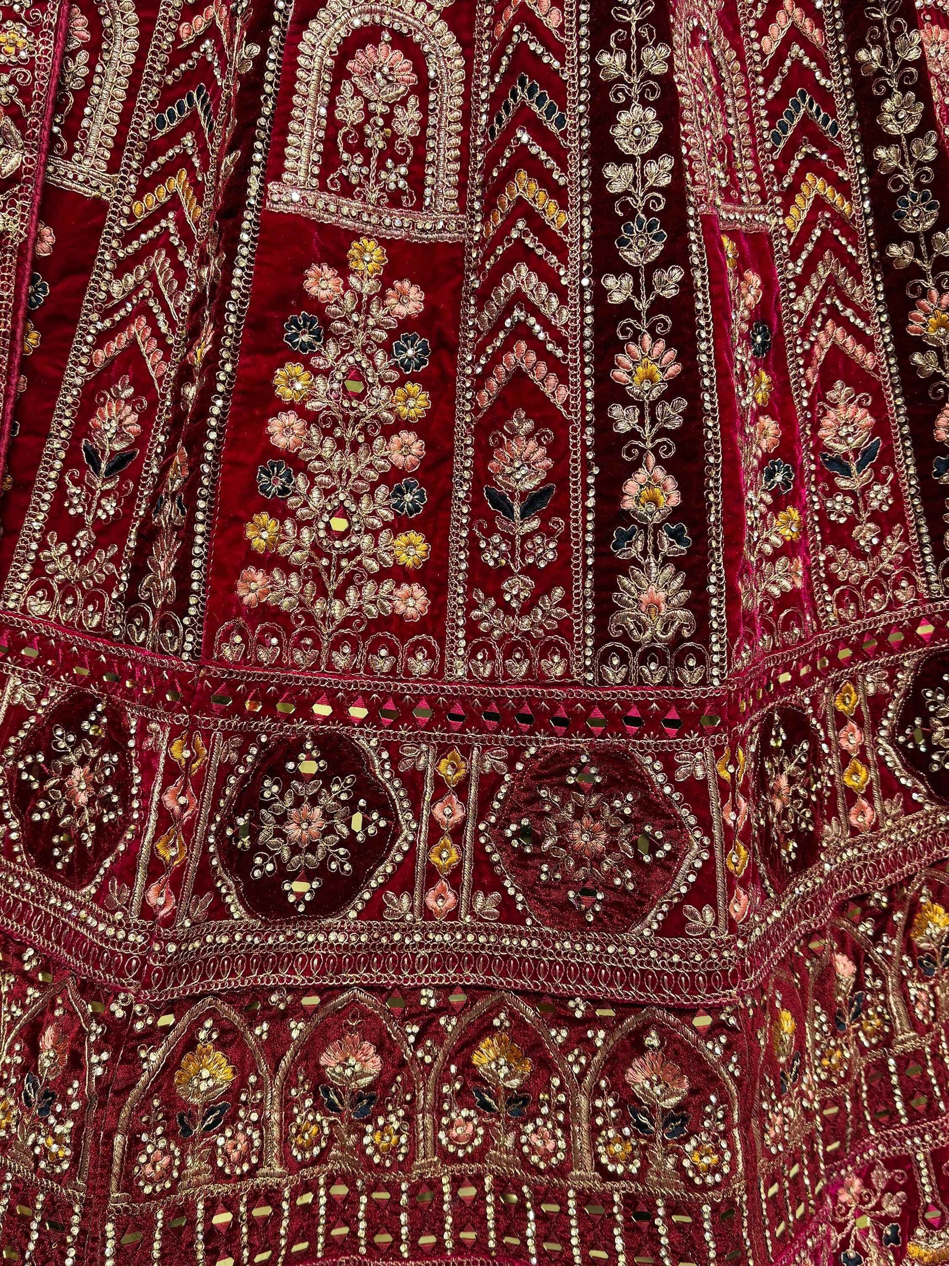 Lovely Red Jarkan Work Velvet Bridal Lehenga Choli With Double Dupatta - Zeel Clothing