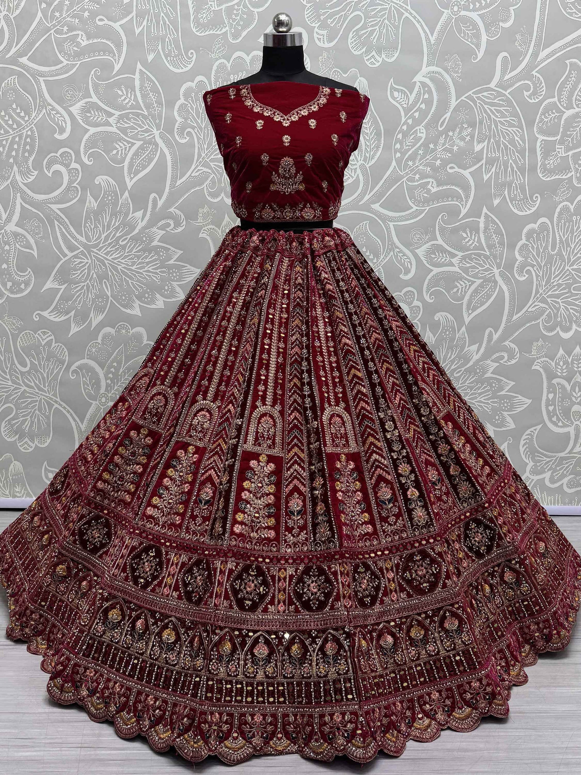 Lovely Red Jarkan Work Velvet Bridal Lehenga Choli With Double Dupatta - Zeel Clothing