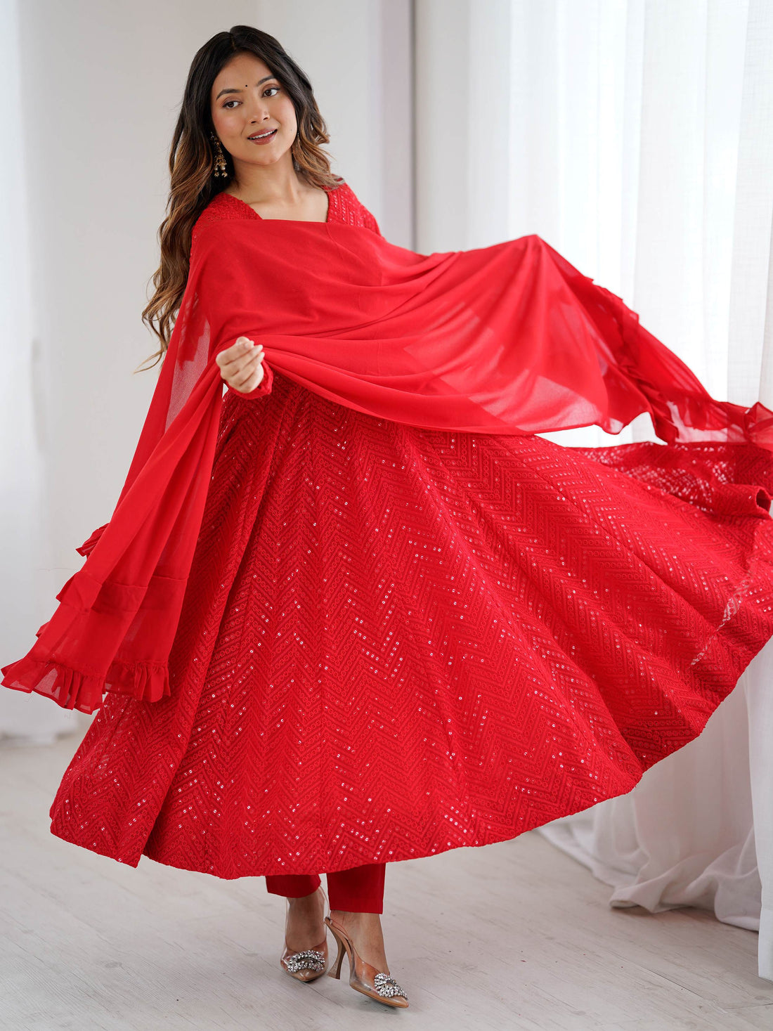 Lovely Red Lucknawi Work Georgette Wedding Wear Anarkali Suit With Dupatta