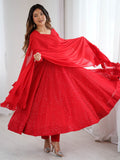 Lovely Red Lucknawi Work Georgette Wedding Wear Anarkali Suit With Dupatta