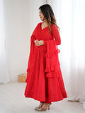 Lovely Red Lucknawi Work Georgette Wedding Wear Anarkali Suit With Dupatta