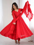 Lovely Red Lucknawi Work Georgette Wedding Wear Anarkali Suit With Dupatta