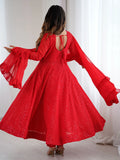 Lovely Red Lucknawi Work Georgette Wedding Wear Anarkali Suit With Dupatta